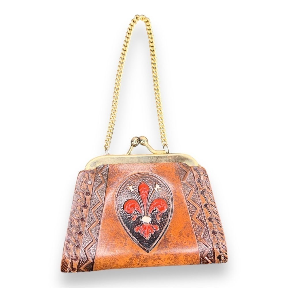 HANDMADE TOOLED LEATHER COIN PURSE GOLD CHAIN PAINTED FLEUR DE LIS WESTERN